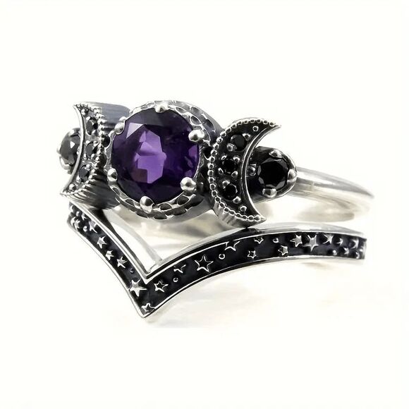 Gothic Universe Moon Star Purple Amethyst Ring Set - Picture 3 of 6